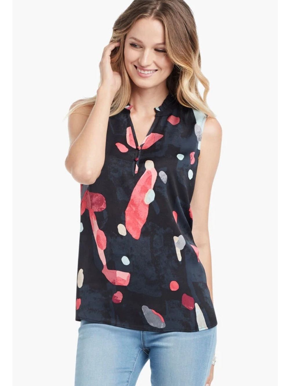 Nic Zoe Abstract Sleeveless Printed V-Neck Silky Lightweight Top